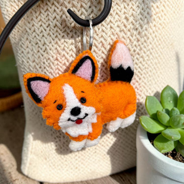 Handmade Corgi puppy dog felt wool keychain with orange, white and black details