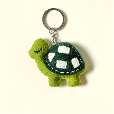Turtle Felt Wool Keychain in green with white shell details and metal ring