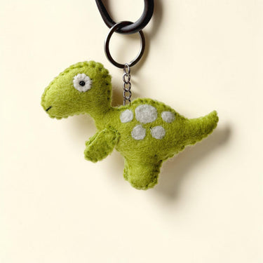 T-Rex Dinosaur Felt Wool Keychain in green with white spot details
