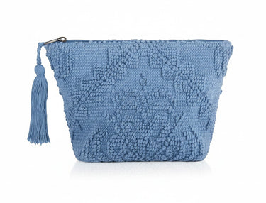 Shop Wall Sienna zip pouch in textured blue cotton with a decorative tassel and secure zipper closure.