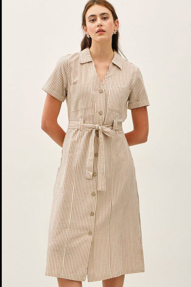 Striped Cotton Midi Dress featuring a collared, button-up utility style with short sleeves and a tie at the waist.