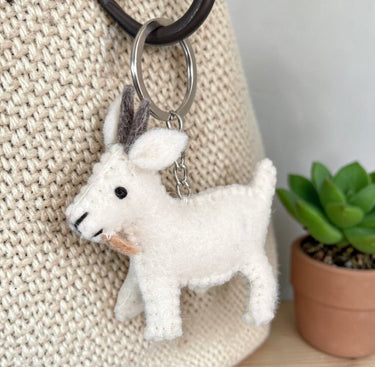 Shop Wall handmade white goat felt wool keychain with grey horns and metal ring