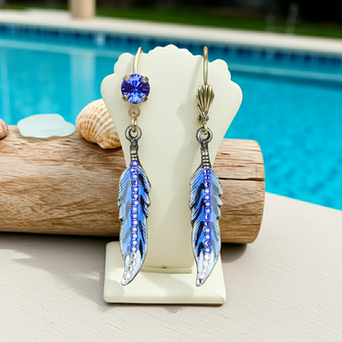 Blue Jay Feather Crystal Charm Earrings